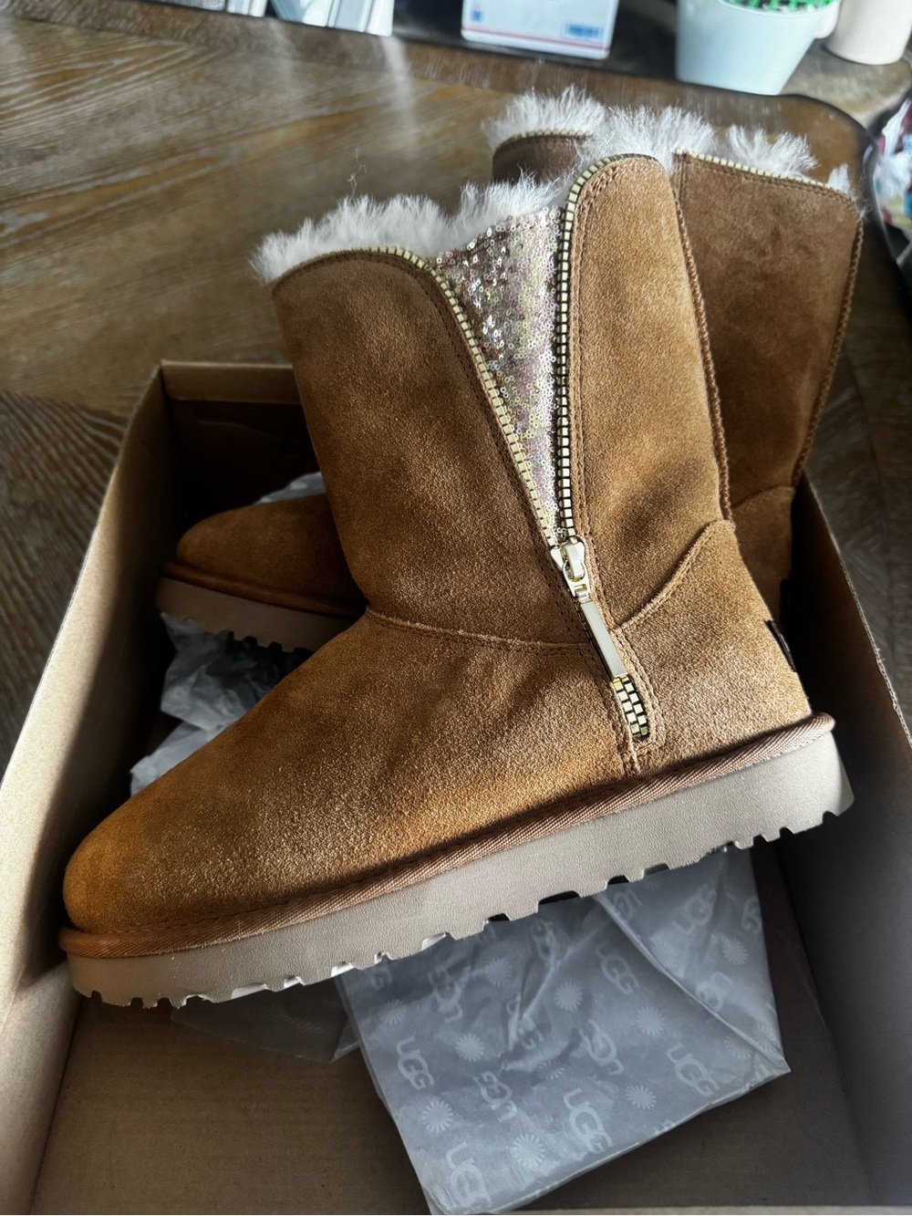 UGG Chestnut Suede Shearling Mid-Calf Boot with Gold Zip & Gem Accent